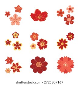 Conjunto de flores de ciruelo rojo. Elementos florales florecientes del Vector para la decoración china del festival de la primavera del año Nuevo aislados en blanco