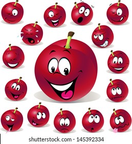 red plum cartoon illustration with many expressions isolated on white background