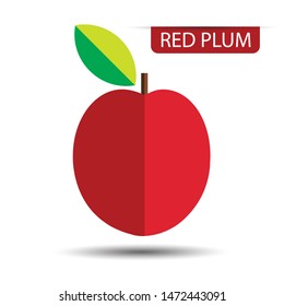 Red plum, fruit on white background. Flat design style. vector illustration.