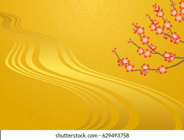 Red plum and gold river.Japanese style background material.