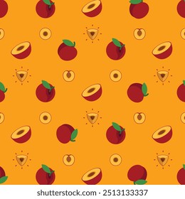Red plum seamless pattern, Farm fresh Red plum product emblem for grocery shop, Slides, long and cross sections, and different positions, simple flat vector illustration of vegetables and fruits.