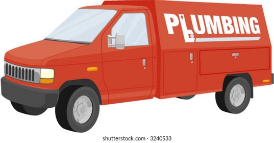 A red plumbing contractor truck