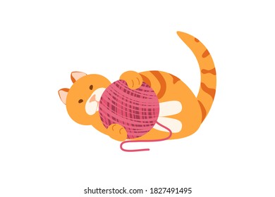 Red plump cat playing with a ball of yarn vector character