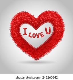 Red plush heart with label "I love you" to a soft gray background. Valentine' s day illustration.