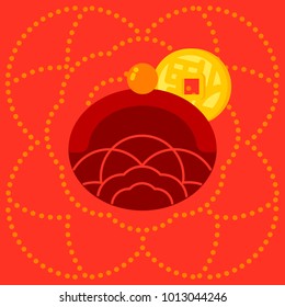 Red pocket with golden coin. A golden coin have Chinese word mean lucky spread lucky to every one during Chinese New Year greeting season. Red pocket on the red background with dot pattern.
