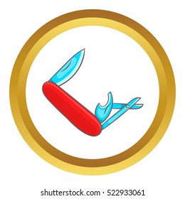 Red pocket knife with lots of tools vector icon in golden circle, cartoon style isolated on white background