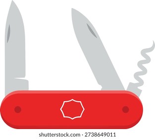 Red pocketknife with open blades and decorative emblem on handle isolated design