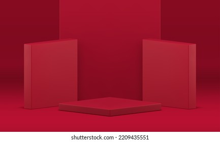 Red podium 3d studio background geometric display award arena product presentation stage realistic vector illustration. Minimalist squared pedestal showcase decorative architecture scene design