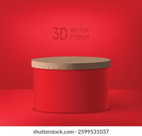 Red podium 3d with wood platform on top. Realistic 3d stage for show product on red background. Studio showcase podium mockup with fashion cyclorama. Abstract room with realistic redestal scene.