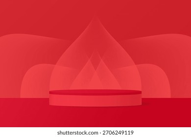 Pódio vermelho, fundo abstrato com cones de gradiente e bolhas