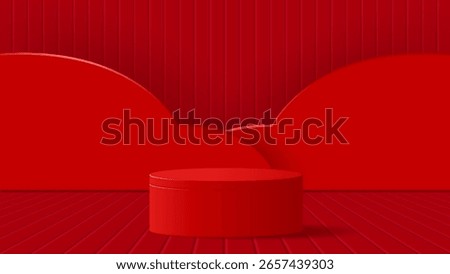 Red podium against a striped red background, perfect for product display presentation, achievement themed designs, leadership concepts, award ceremonies, and motivational content.