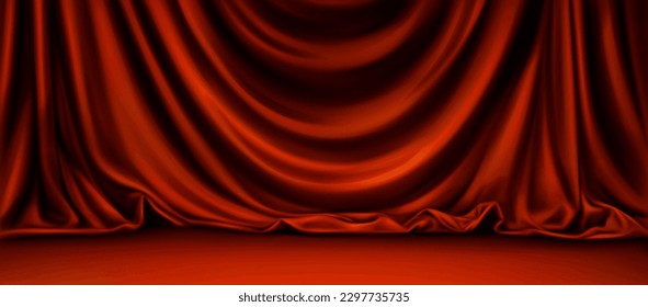 Red podium backdrop with elegant silk curtain. Fabric drape cover reveal show stage vector pattern. 3d closed theatrical vintage product platform. Luxury beauty satin soft flow textile material