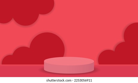 roter Podiumhintergrund mit gestrichenen Wolken und Schatten. Vektorgrafik von 3D-Podium