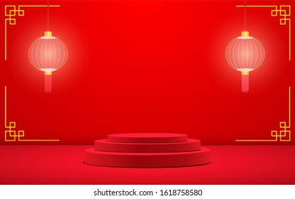 red podium with chinese lantern in chinese new year