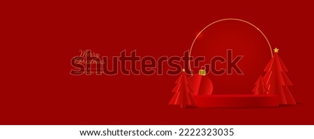 Red podium with red christmas tree in paper cut style. Merry Christmas and Happy New Year banner.