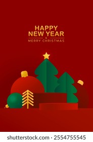 Red podium with christmas tree and toys in paper cut style. Merry Christmas and Happy New Year card.	
