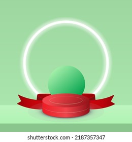 The red podium contrasts with the Christmas-like green background. The white neon ring on the back and the red ribbon stand  look.podium 3d geometric shape.minimalist abstract vector illustration rend