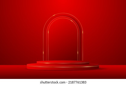Red podium with red curved border and gold lines on the back for product presentation. Cosmetic product display. vector illustration	