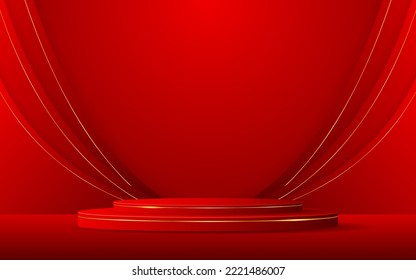 Red podium with red curves and elegant gold lines on the back for product presentation. Cosmetic product display. vector illustration	