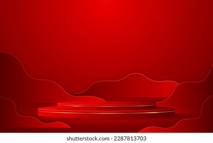 Red podium with red curves and elegant gold lines on the back for advertisement display. Cosmetic product display. stage or podium. vector illustration