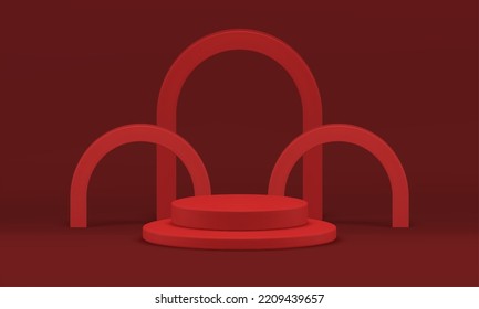 Red podium cylinder level 3d stage curved decorative arch geometric 3d studio background realistic vector illustration. Circle pedestal showcase product presentation award arena minimalist design