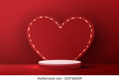 Red podium display background products for valentine’s day in love platform. stand to show cosmetic with craft style. symbols of love for happy. vector design.