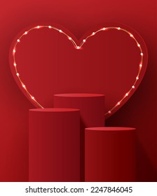 Rotes Podium zeigt Hintergrundprodukte für den Valentinstag in der Lieblingsplattform. stehen, um Kosmetik mit handwerklichem Stil zu zeigen. Symbole der Liebe zum Glück. Vektordesign.