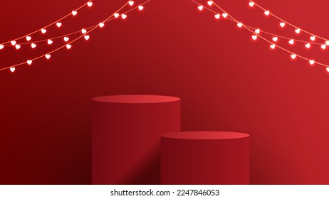 Rotes Podium zeigt Hintergrundprodukte für den Valentinstag in der Lieblingsplattform. stehen, um Kosmetik mit handwerklichem Stil zu zeigen. Symbole der Liebe zum Glück. Vektordesign.