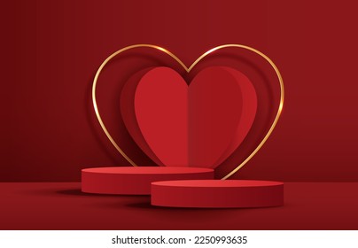 Red podium display background products for valentine’s day in love platform. stand to show cosmetic with craft style. symbols of love for happy. vector design.