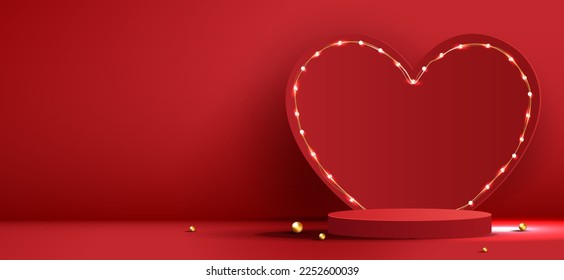 Red podium display background products for valentine’s day in love platform. stand to show cosmetic with craft style. symbols of love for happy. vector design.