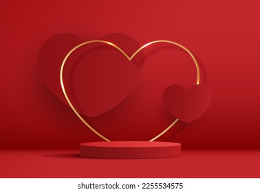 Red podium display background products for valentine’s day in love platform. stand to show cosmetic with craft style. symbols of love for happy. vector design.