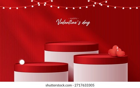 Produtos de fundo de exibição de pódio vermelho para o dia dos namorados na plataforma de amor. stand para mostrar cosmética com estilo artesanal. símbolos de amor para feliz. design vetorial.