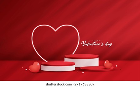 Produtos de fundo de exibição de pódio vermelho para o dia dos namorados na plataforma de amor. stand para mostrar cosmética com estilo artesanal. símbolos de amor para feliz. design vetorial.