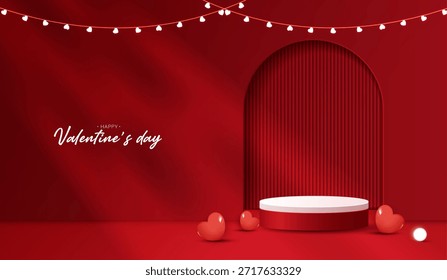 Produtos de fundo de exibição de pódio vermelho para o dia dos namorados na plataforma de amor. stand para mostrar cosmética com estilo artesanal. símbolos de amor para feliz. design vetorial.