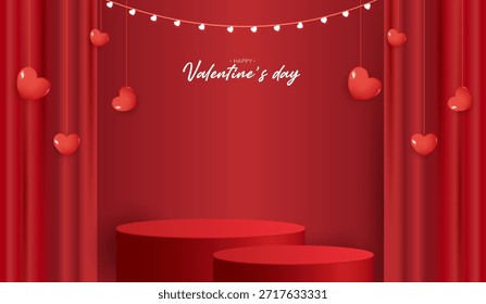Produtos de fundo de exibição de pódio vermelho para o dia dos namorados na plataforma de amor. stand para mostrar cosmética com estilo artesanal. símbolos de amor para feliz. design vetorial.