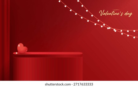 Produtos de fundo de exibição de pódio vermelho para o dia dos namorados na plataforma de amor. stand para mostrar cosmética com estilo artesanal. símbolos de amor para feliz. design vetorial.