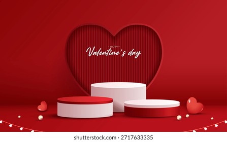 Produtos de fundo de exibição de pódio vermelho para o dia dos namorados na plataforma de amor. stand para mostrar cosmética com estilo artesanal. símbolos de amor para feliz. design vetorial.