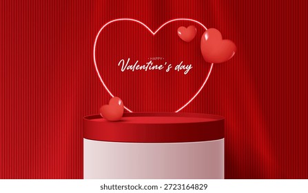 Productos de fondo de exhibición de podio rojo para el día de San Valentín en la plataforma de amor. stand para mostrar cosméticos con estilo artesanal. símbolos de amor para feliz. diseño de Vector.