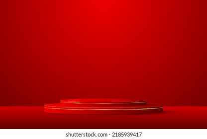Red podium and elegant gold lines for product presentation. cosmetic product display. vector illustration
