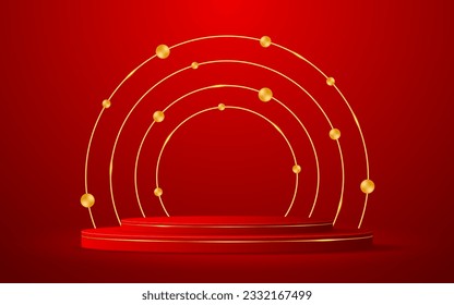 Red podium with elegant gold lines on the back for product presentation. Cosmetic product display. stage or podium. vector illustration	