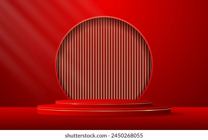 Red podium with elegant gold lines and a brown slatted backdrop set in a circular window for displaying advertisements. Display of cosmetic products. Stage or podium. vector illustration