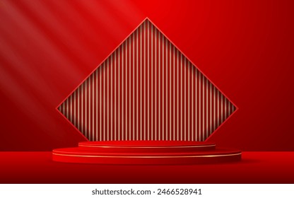 Rotes Podium mit eleganten goldenen Linien und einer braunen Lattenrost in einem quadratischen Fenster für die Anzeige von Werbung gesetzt. Anzeige von Kosmetikprodukten. Bühne oder Podium. Vektorillustration	