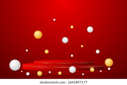 Red podium with elegant gold lines with white and gold balls around it for displaying advertisements. Exhibit cosmetic products. Stage or podium. Vector illustration	