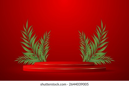 Red podium with elegant gold lines and green leaves on the back for product presentation. Cosmetic product display. vector illustration	