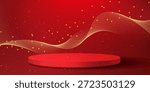 Red podium with elegant gold wave lines on the back for advertisement display. Display of cosmetic products. Stage or podium. vector illustration	