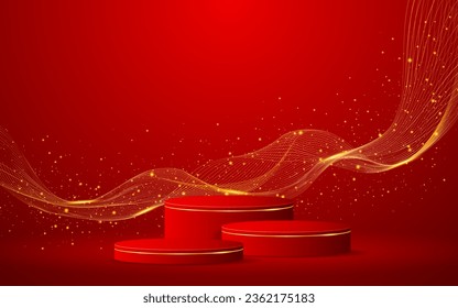 Red podium with elegant gold wave lines on the back for advertisement display. Display of cosmetic products. Stage or podium. vector illustration	