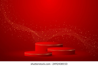 Red podium with elegant gold wave lines on the back for advertisement display. Display of cosmetic products. Stage or podium. vector illustration	