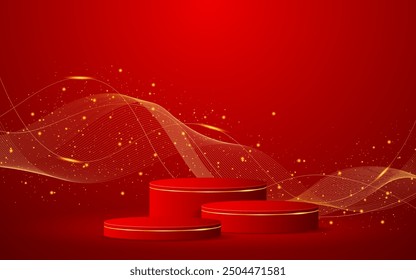 Rotes Podium mit eleganten goldenen Wellenlinien auf der Rückseite für Werbedisplay. Anzeige von Kosmetikprodukten. Bühne oder Podium. Vektorgrafik	