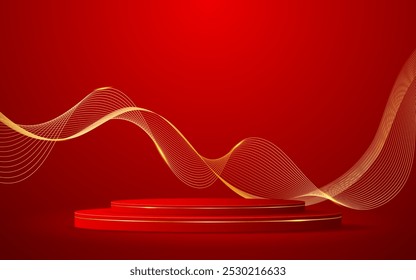 Pódio vermelho com elegantes linhas de onda de ouro no verso para exibição de anúncios. Exposição de produtos cosméticos. Palco ou pódio. ilustração vetorial	