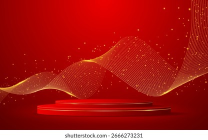Red podium with elegant gold wave lines on the back for advertisement display. Display of cosmetic products. Stage or podium. vector illustration	
